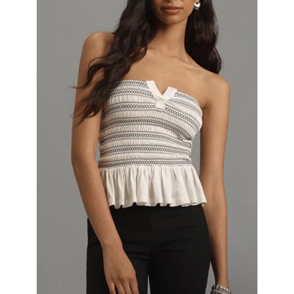 Anthropologie Maeve Smocked Split Tube Blouse Top Strapless Ruffle XS NWD 280092 - Picture 3 of 9